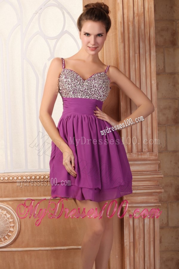 Fuchsia Short Mini-length Spaghetti Straps Evening Dress with Beading