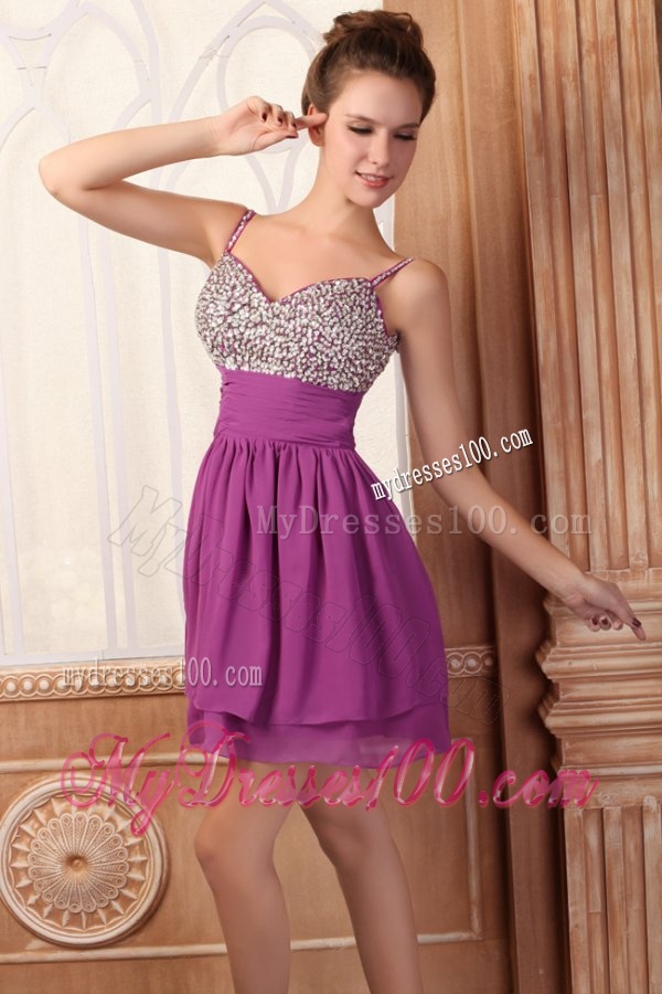 Fuchsia Short Mini-length Spaghetti Straps Evening Dress with Beading