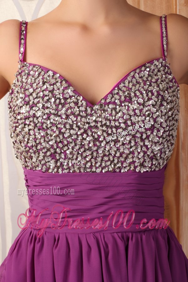 Fuchsia Short Mini-length Spaghetti Straps Evening Dress with Beading