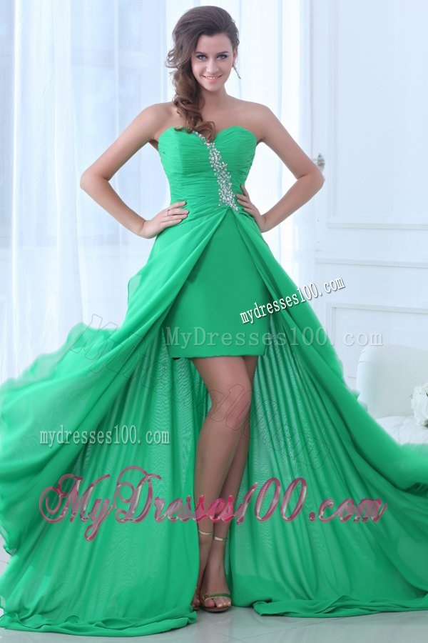 Green Sweetheart Beading and Ruching High-low Evening Dress