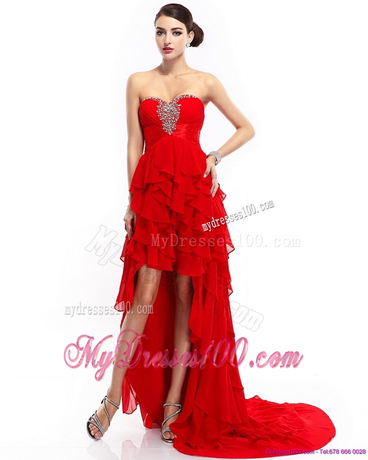 High Low Ruffled Layers Beading Red Evening Dresses for 2016