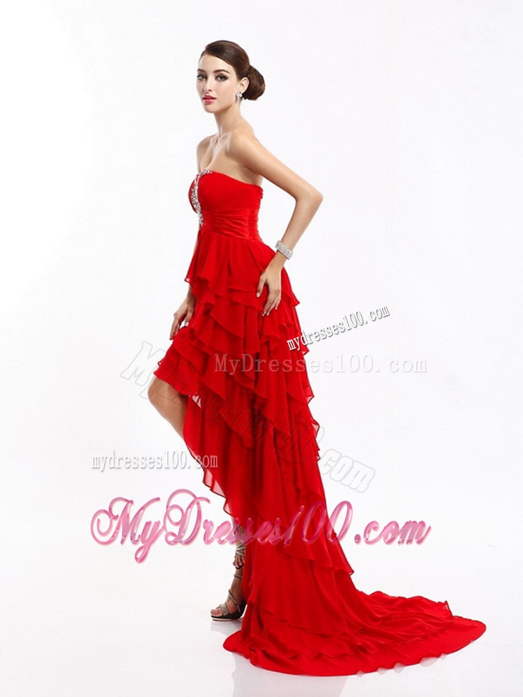 High Low Ruffled Layers Beading Red Evening Dresses for 2016