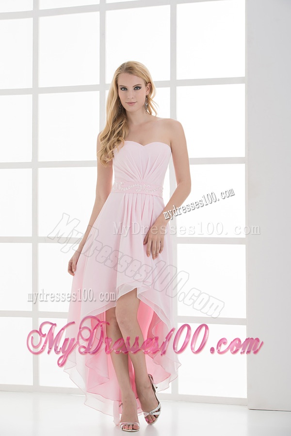 High-low Sweetheart Chiffon Baby Pink Empire Evening Dress with Beading