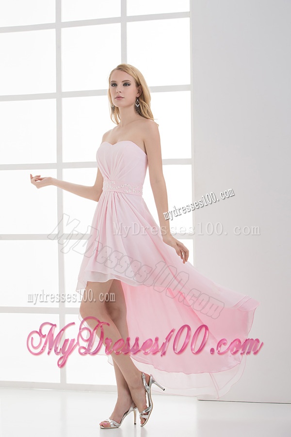 High-low Sweetheart Chiffon Baby Pink Empire Evening Dress with Beading