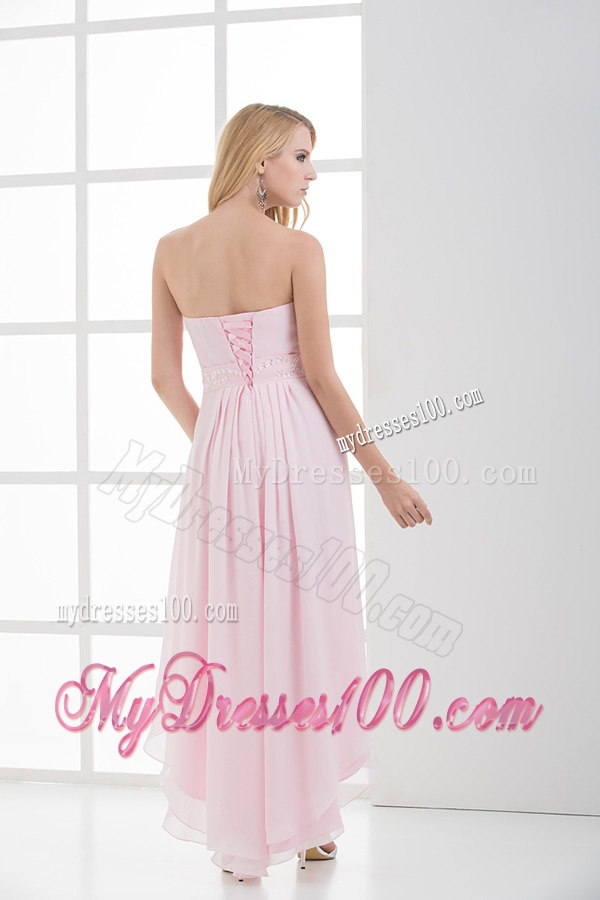 High-low Sweetheart Chiffon Baby Pink Empire Evening Dress with Beading