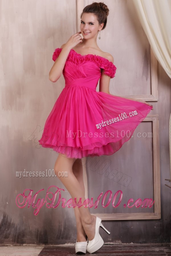 Hot Pink Off The Shoulder Mini-length Evening Dress with Flowers