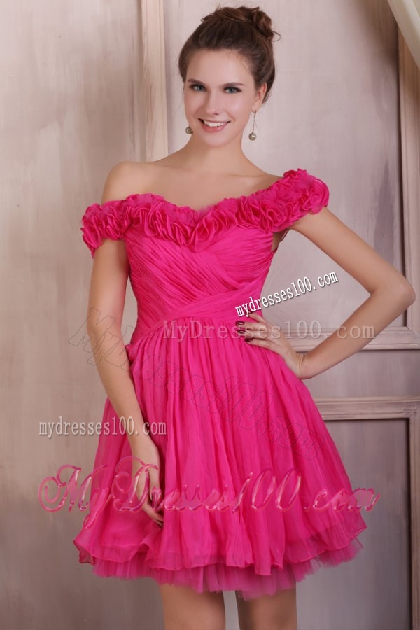 Hot Pink Off The Shoulder Mini-length Evening Dress with Flowers