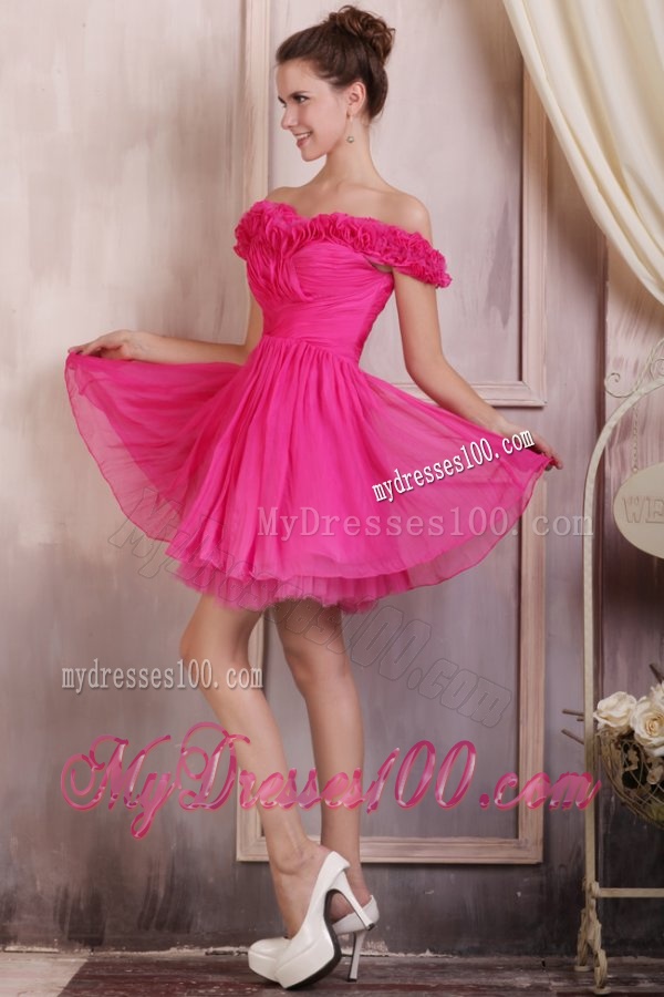 Hot Pink Off The Shoulder Mini-length Evening Dress with Flowers