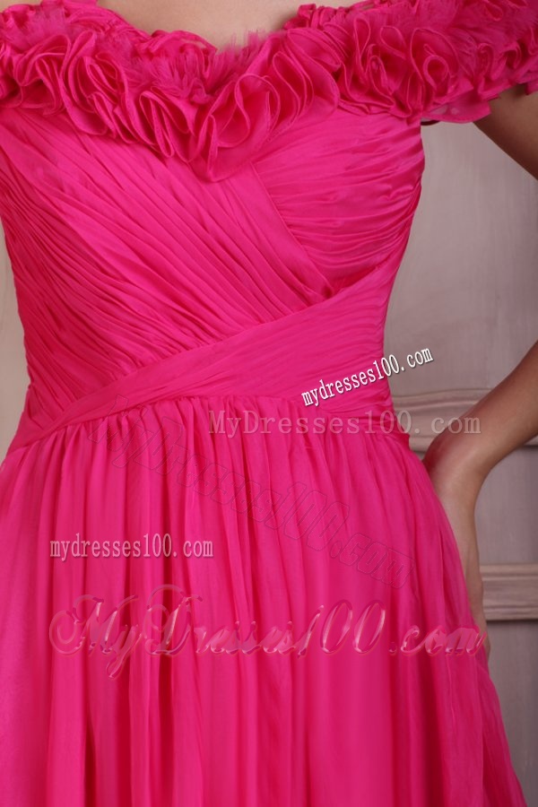 Hot Pink Off The Shoulder Mini-length Evening Dress with Flowers