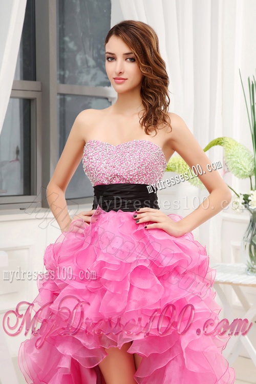 Hot Pink Strapless Belt Beading Ruffles High-Low Organza Evening Dress for 2016