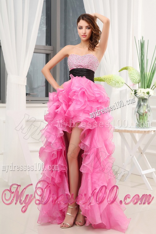 Hot Pink Strapless Belt Beading Ruffles High-Low Organza Evening Dress for 2016