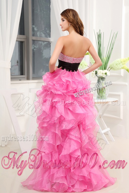 Hot Pink Strapless Belt Beading Ruffles High-Low Organza Evening Dress for 2016
