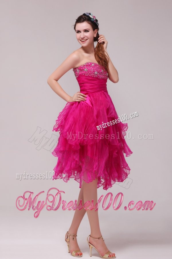 Hot Pink Sweetheart Beading and Ruffles Asymmetrical Evening Dress