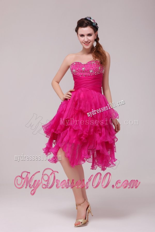 Hot Pink Sweetheart Beading and Ruffles Asymmetrical Evening Dress