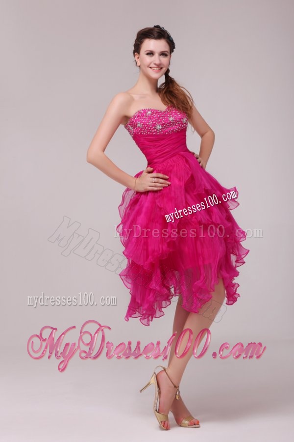 Hot Pink Sweetheart Beading and Ruffles Asymmetrical Evening Dress
