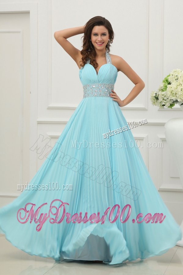Light Blue Halter Top Neck Beading and Pleats Long Evening Dress