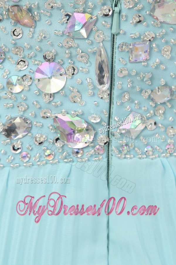 Light Blue Halter Top Neck Beading and Pleats Long Evening Dress