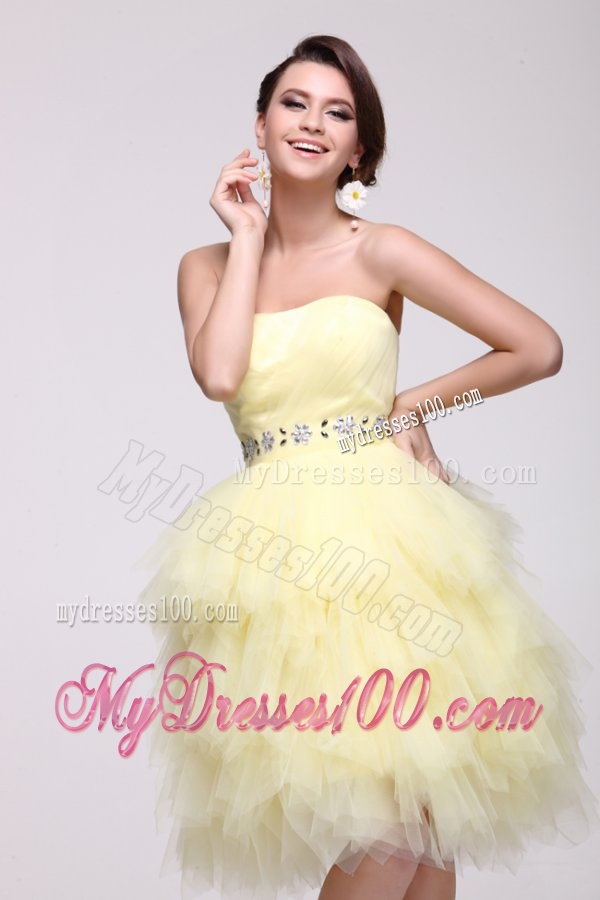 Light Yellow A-line Strapless Beaded Evening Dress with Layers