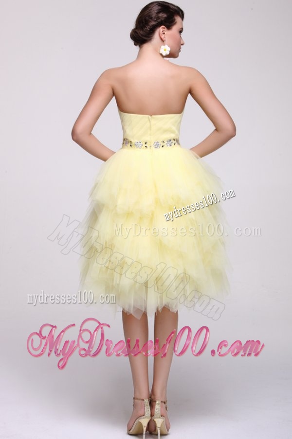Light Yellow A-line Strapless Beaded Evening Dress with Layers