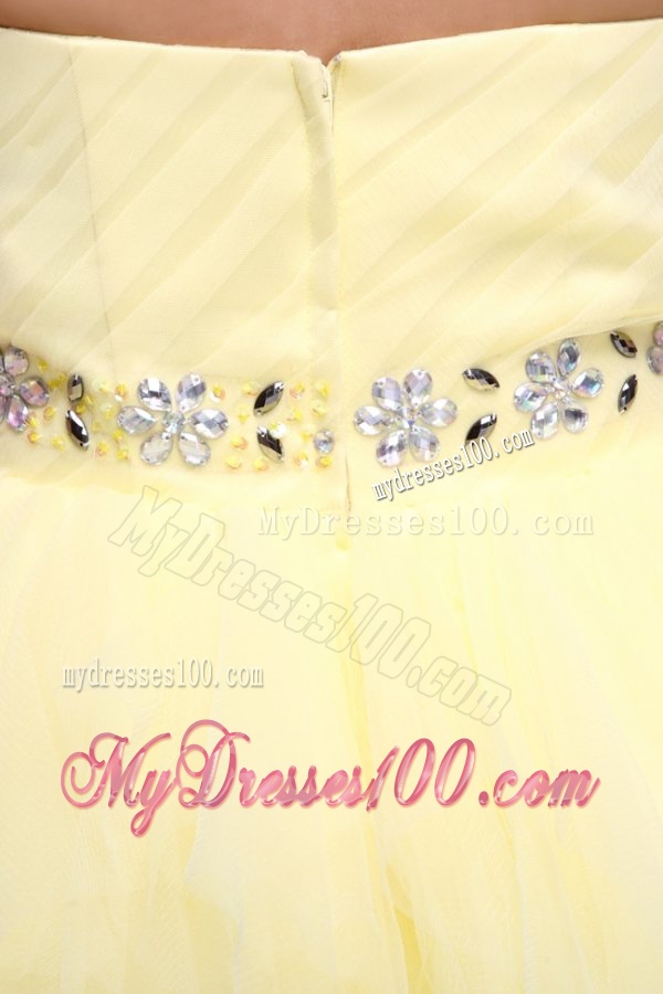 Light Yellow A-line Strapless Beaded Evening Dress with Layers