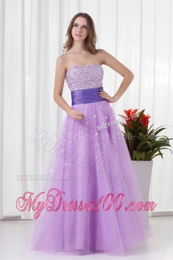 Lovely A-line Strapless Tulle Lilac Beading Evening Dress with Lace Up