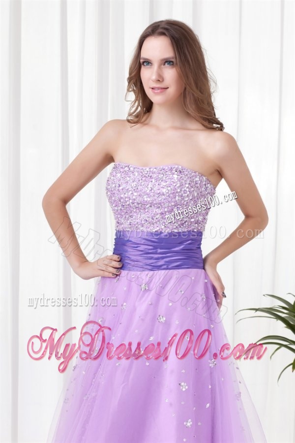 Lovely A-line Strapless Tulle Lilac Beading Evening Dress with Lace Up