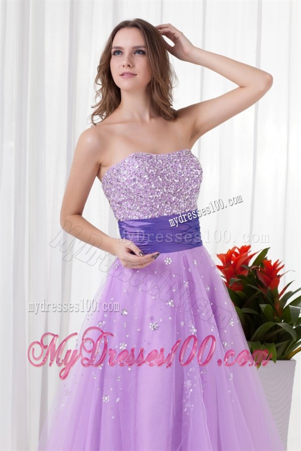 Lovely A-line Strapless Tulle Lilac Beading Evening Dress with Lace Up