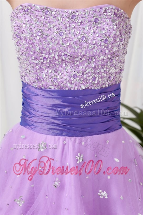Lovely A-line Strapless Tulle Lilac Beading Evening Dress with Lace Up