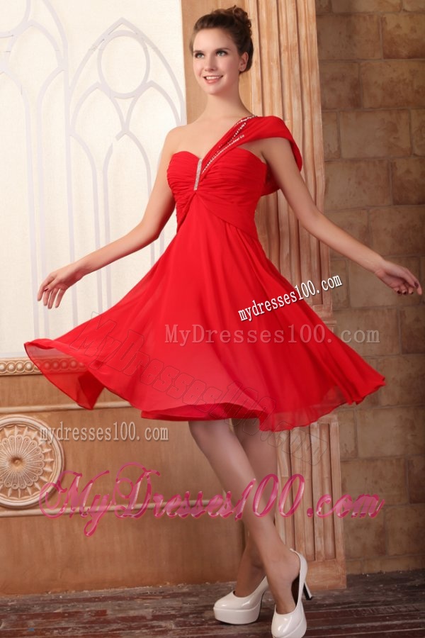 Low Price Empire One Shoulder Red Evening Dress with Beading