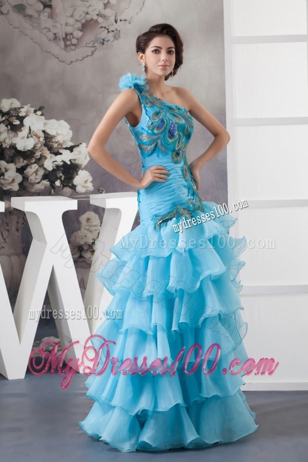 Mermaid One Shoulder Blue Appliques and Ruffled Layers Orange Evening Dress