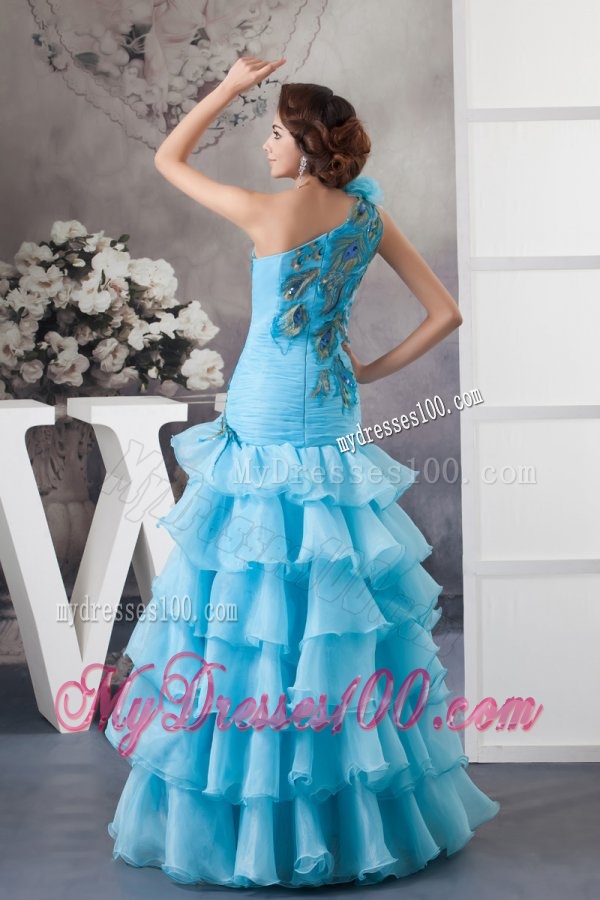 Mermaid One Shoulder Blue Appliques and Ruffled Layers Orange Evening Dress