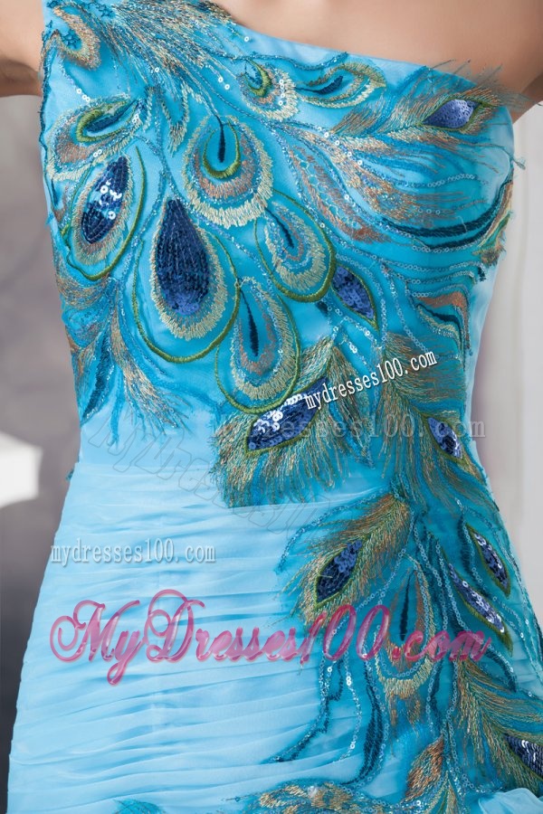 Mermaid One Shoulder Blue Appliques and Ruffled Layers Orange Evening Dress
