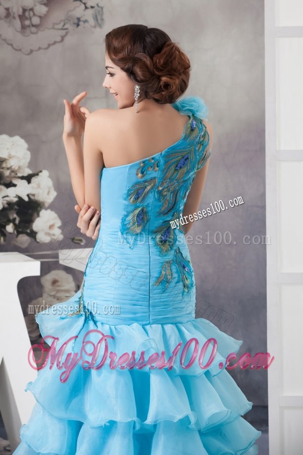 Mermaid One Shoulder Blue Appliques and Ruffled Layers Orange Evening Dress