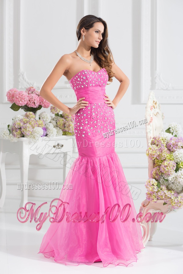 Mermaid Sweetheart Beading Floor-length Organza Hot Pink Evening Dress