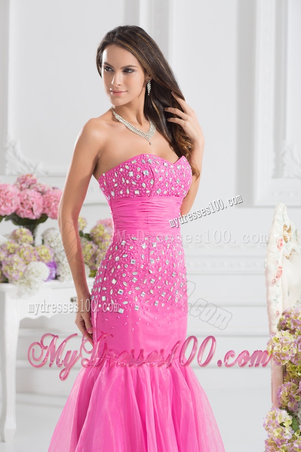 Mermaid Sweetheart Beading Floor-length Organza Hot Pink Evening Dress
