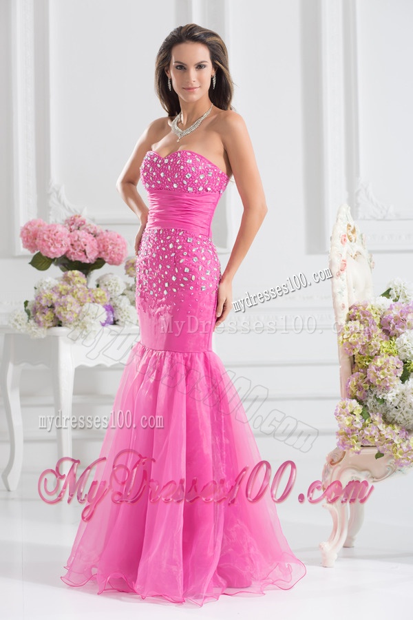 Mermaid Sweetheart Beading Floor-length Organza Hot Pink Evening Dress