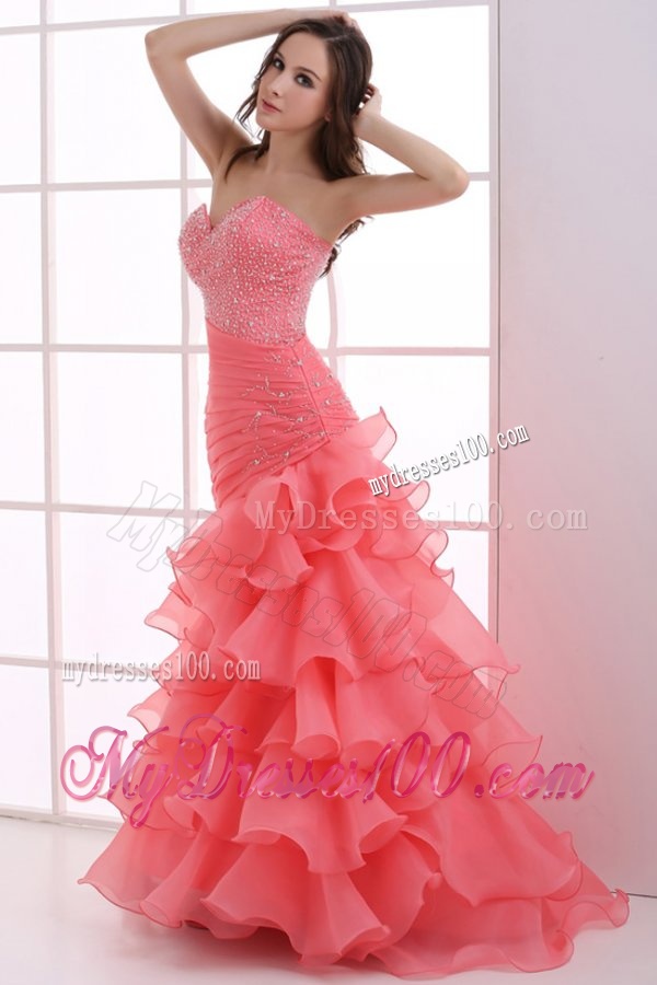 Mermaid Watermelon Red Sweetheart Beading Ruffled Layers Ruching Evening Dress