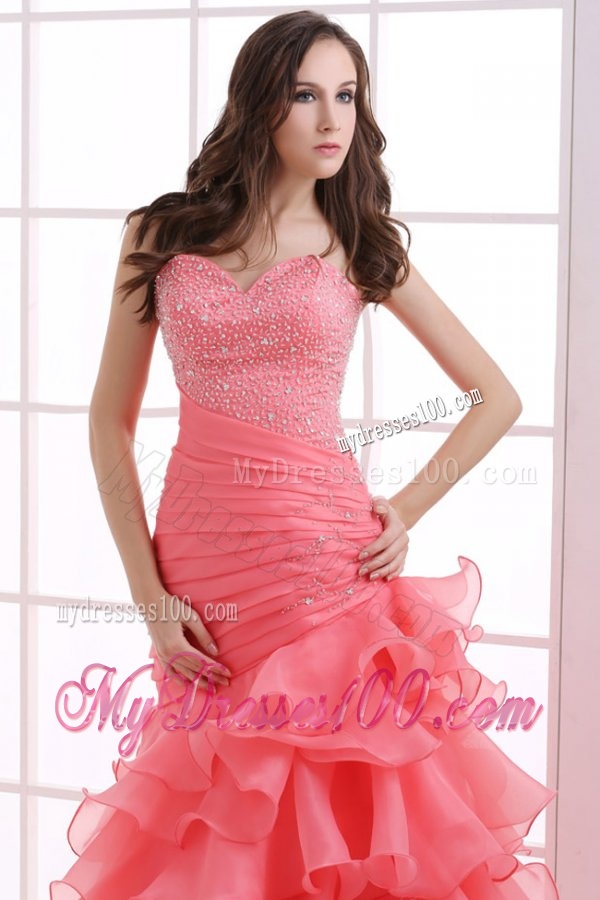 Mermaid Watermelon Red Sweetheart Beading Ruffled Layers Ruching Evening Dress
