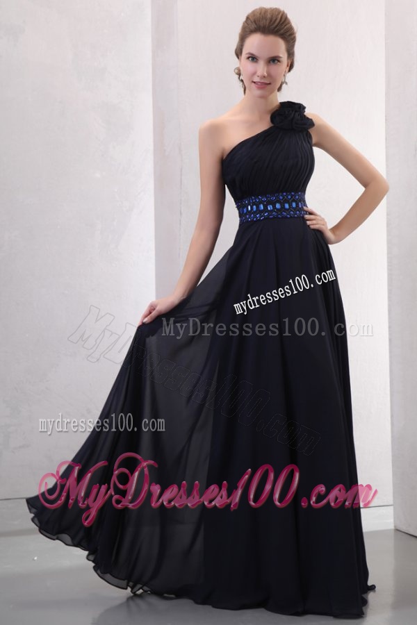 Navy Blue Empire One Shoulder Evening Dress with Beading and Flower