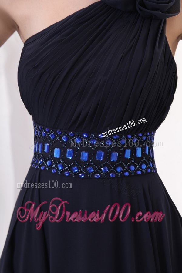 Navy Blue Empire One Shoulder Evening Dress with Beading and Flower