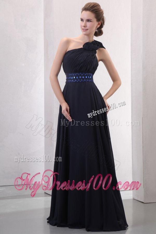 Navy Blue Empire One Shoulder Evening Dress with Beading and Flower