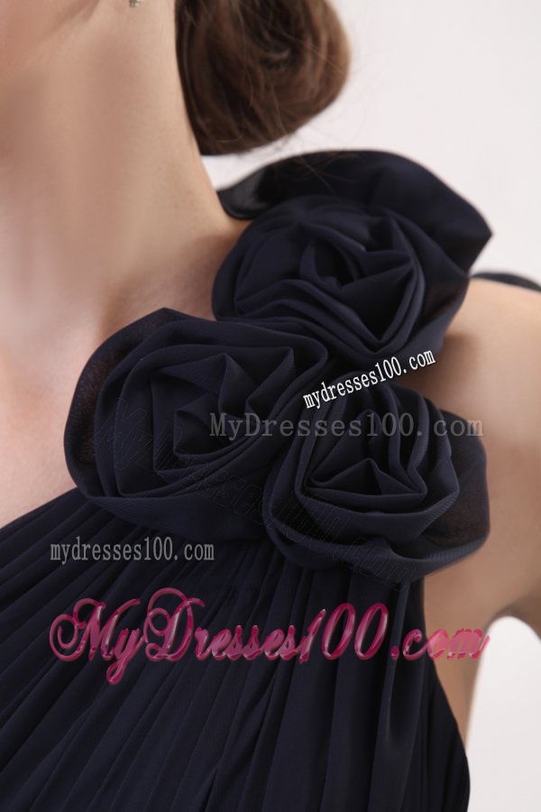Navy Blue Empire One Shoulder Evening Dress with Beading and Flower
