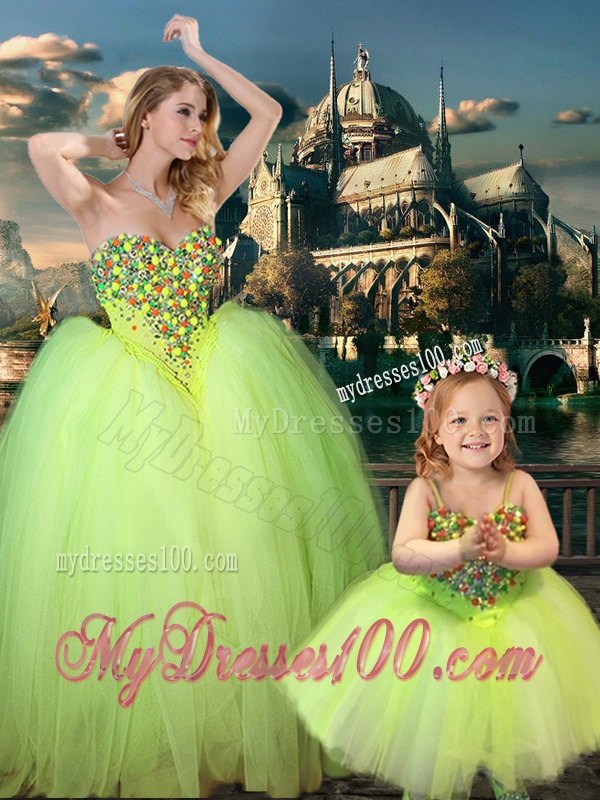 New Arrivals Beaded Really Puffy Evening Dress in Yellow Green and Classical Spaghetti Straps Little Girl Dress with Beading