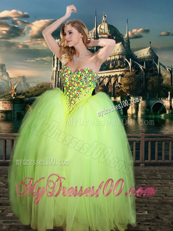 New Arrivals Beaded Really Puffy Evening Dress in Yellow Green and Classical Spaghetti Straps Little Girl Dress with Beading