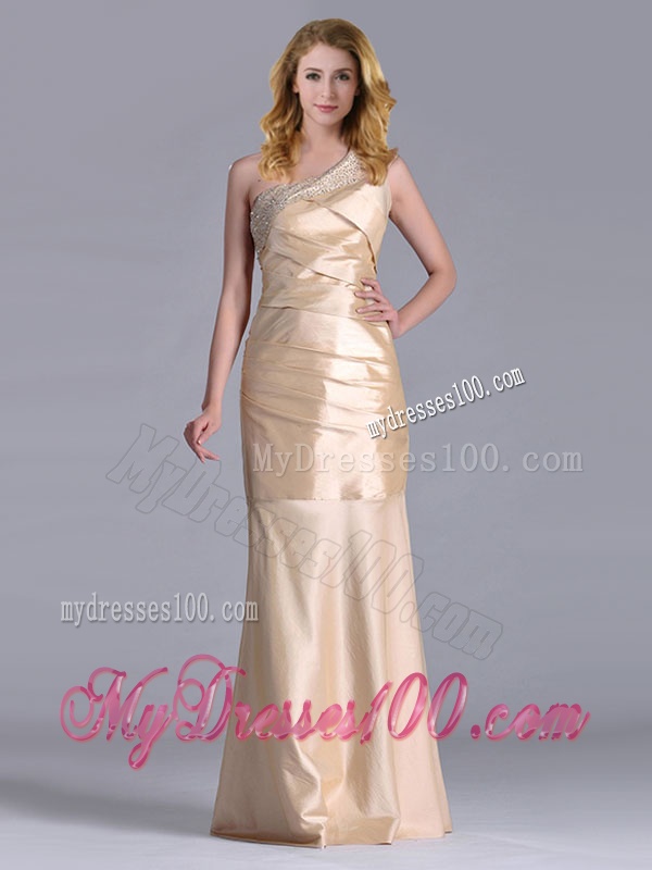 New Column Beaded Decorated One Shoulder Evening Dress in Champagne