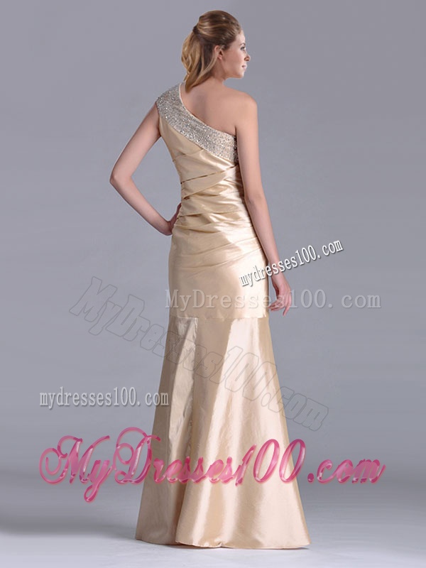 New Column Beaded Decorated One Shoulder Evening Dress in Champagne