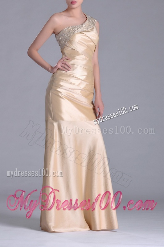 New Column Beaded Decorated One Shoulder Evening Dress in Champagne