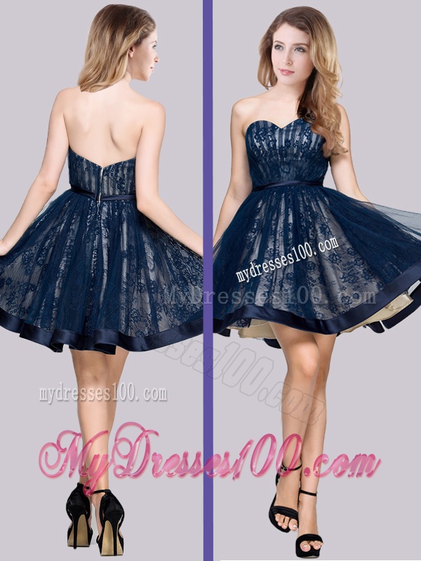 New Style A Line Laced Short Evening Dress in Navy Blue