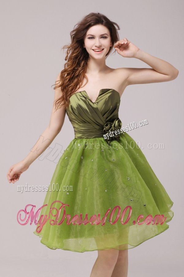 Olive Green V-neck Ruching and Hand Made Flower Evening Dress