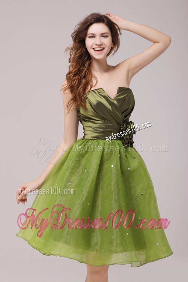 Olive Green V-neck Ruching and Hand Made Flower Evening Dress